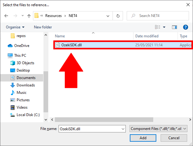 how to add ozekisdk dll to references