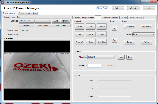 control panel of the pan-tilt-zoom in the onvif ip camera manager